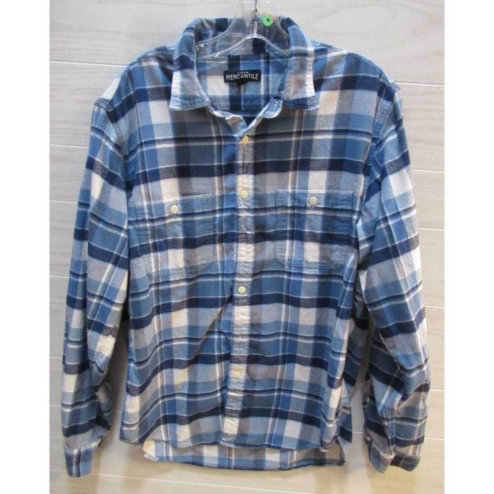 Men's J. Crew Mercantile L large blue white flannel plaid button down